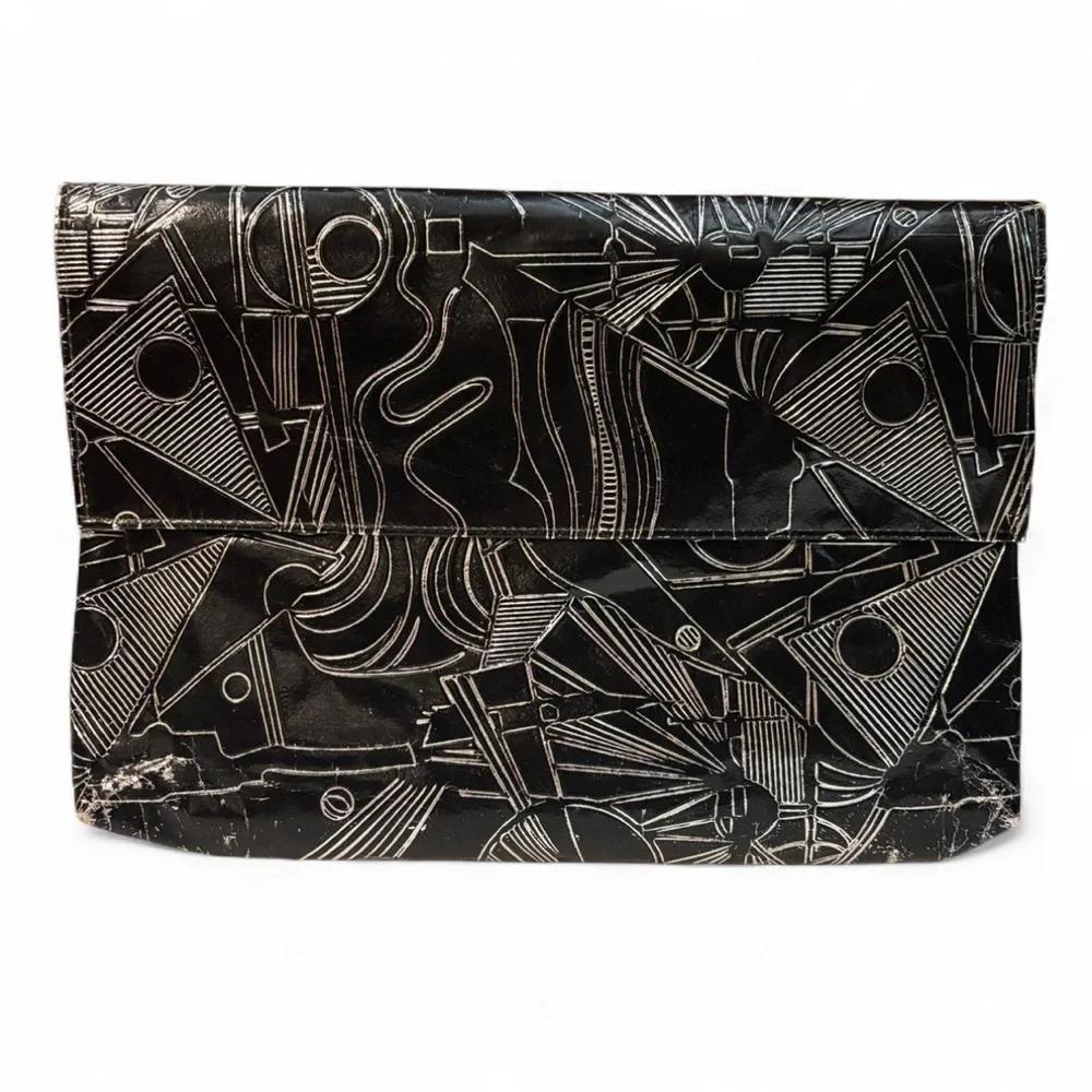 Geometric Faux Leather Laptop Sleeve Black Abstract Art Portfolio Clutch Case